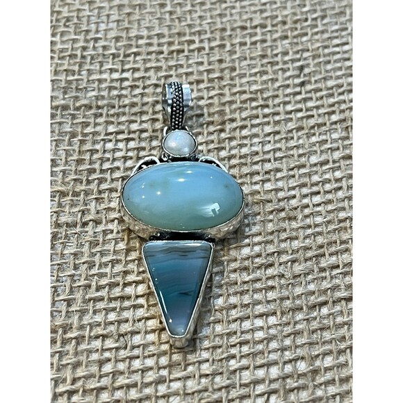 Artisan Crafted Jewelry - Artisan Signed Larimar & Pearl Sterling Silver Pendant Boho Southwestern